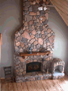 Concrete fieldstone fireplace cast from molds.