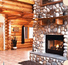 Concrete river rock stone fireplace.