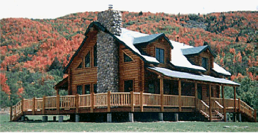 Log cabin with river rock stone fireplace chimney.