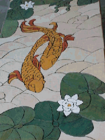 Koi fish design cut from concrete tiles.