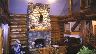 river rock stone fireplace.